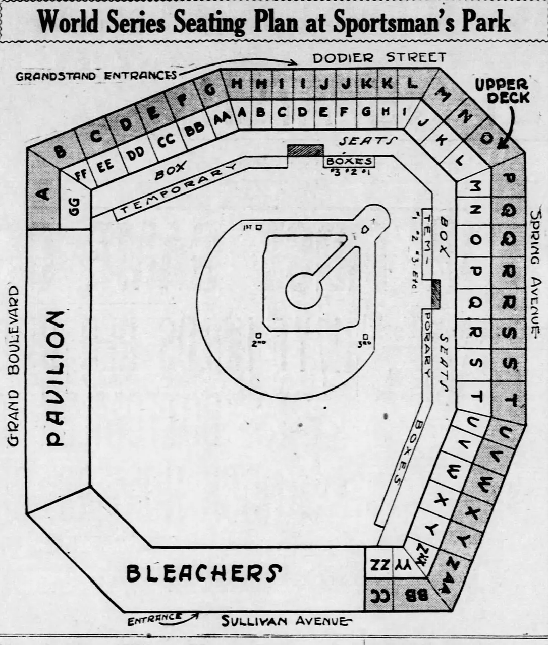 Newspaper seating plan for the 1928 World Series at Sportsman's Park, St. Louis